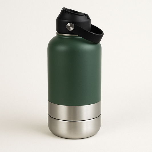 Gourde 3-en-1 pour chien – Eau, croquettes et gamelles intégrées (1L)